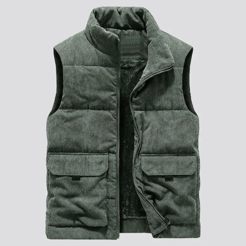 Street-wave Corduroy Puffer Coat With Plush Fur Lining Stand Collar For Men Warm Winter Style