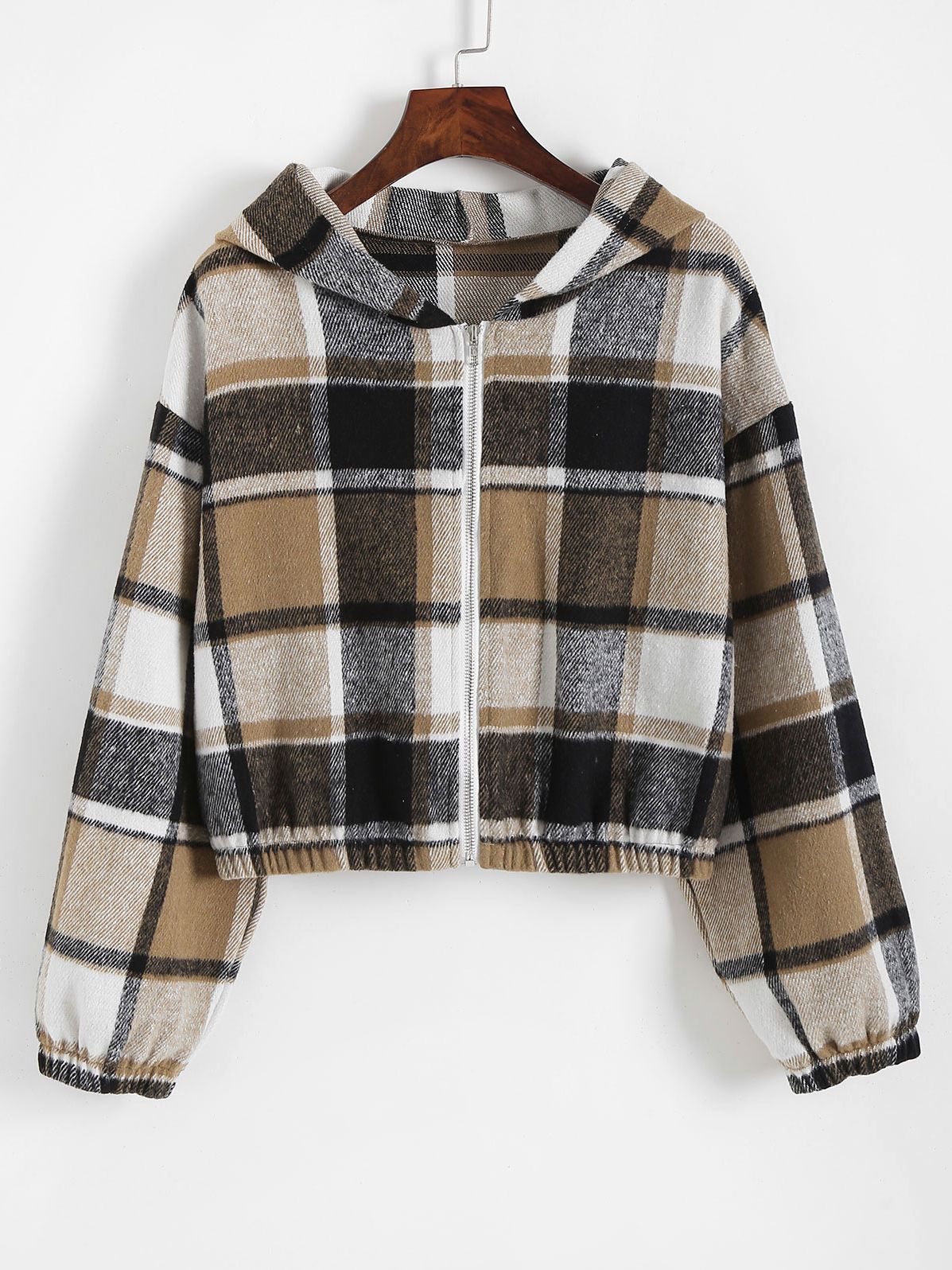 Street-wave Women Plaid Hoodie Jacket Cropped Fit With Front Pockets Cozy Winter Warmth