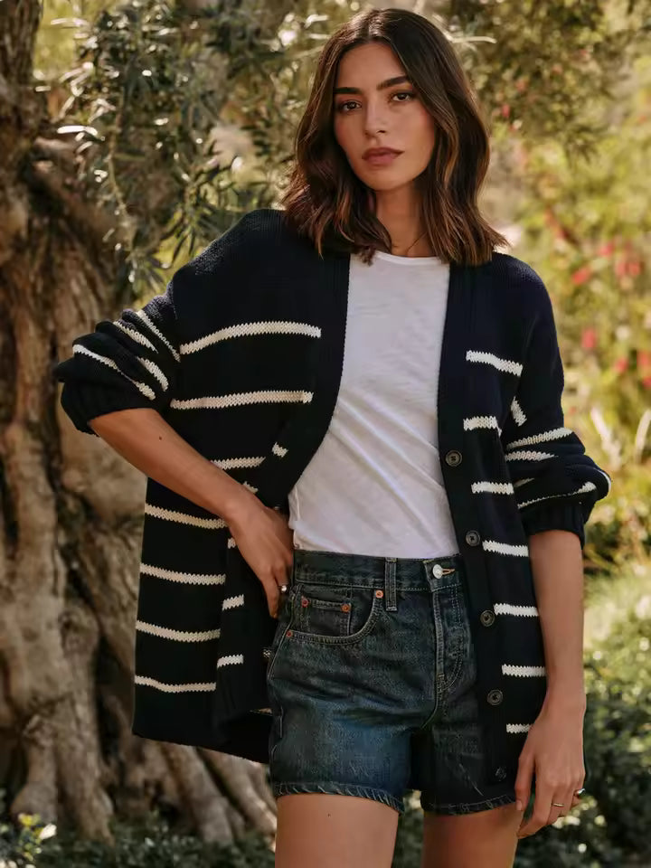 Street-wave Plus Size Striped Cardigan With Buttons For Curvy Women Cozy Oversized Knit