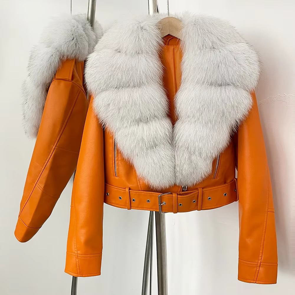 Women's Faux Leather Coat with Faux Fur Collar — Elegant Warmth for the Cold Season