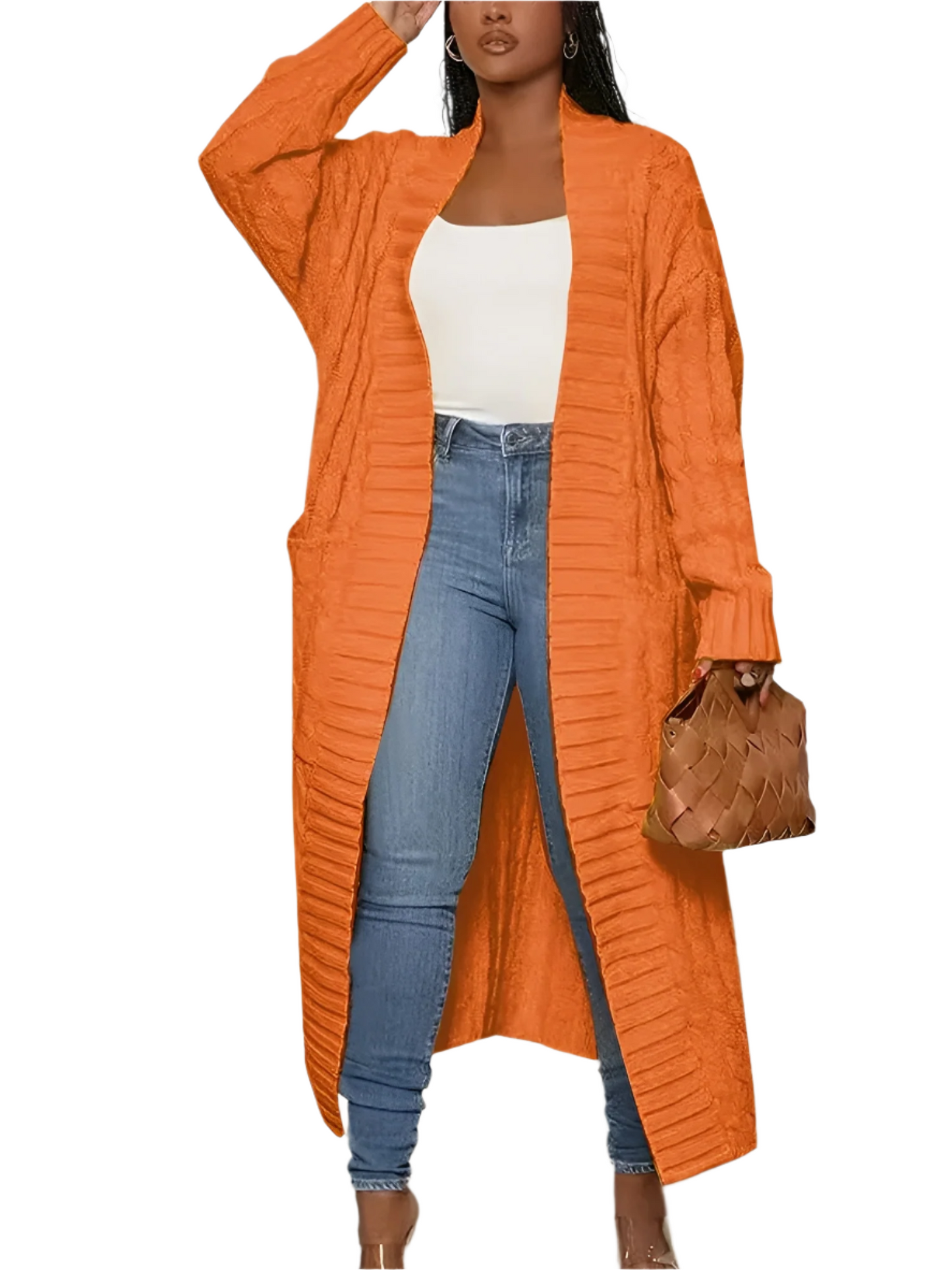 Street-Wave Long Knit Cardigan For Women Open Front Draped Texture Pink Cozy Warmth