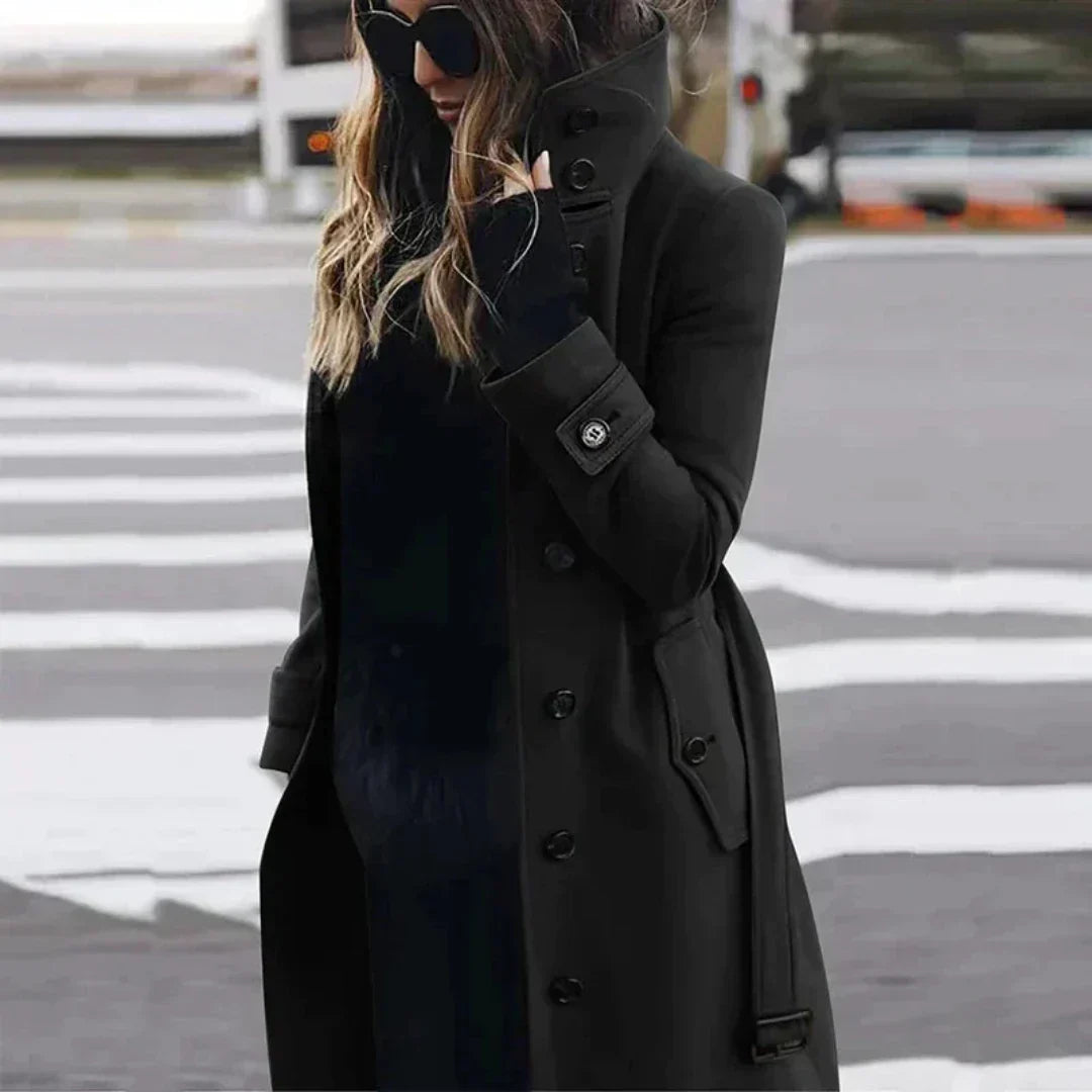 Street-wave Womens Double Breasted Trench Coat With Belt And High Collar Elegant Tailored Look