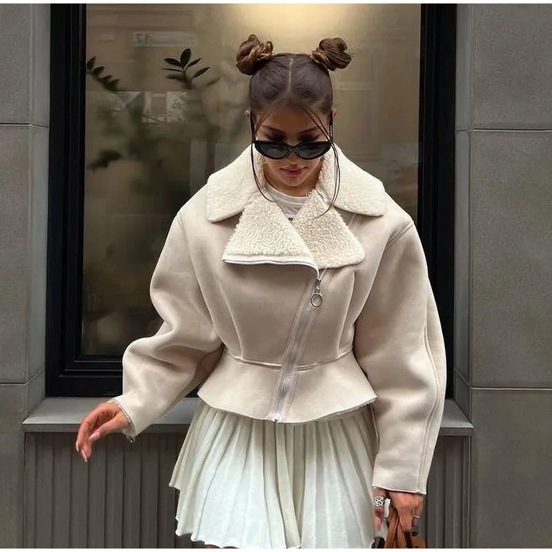 Street-Wave Fleece Jacket Cropped Fit With Shearling Collar Patchwork Design Women's Winter Warmth