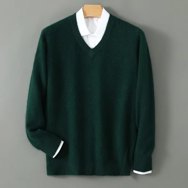Street-Wave Men's Winter Cashmere Blend V Neck Sweater Loose Fit Plus Size Knitted Pullover For Warmth