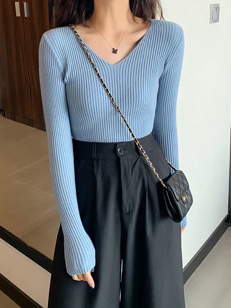 Street Wave Women Ribbed Knit Slim Fit V Neck Pullover Flattering Versatile Autumn Sweater
