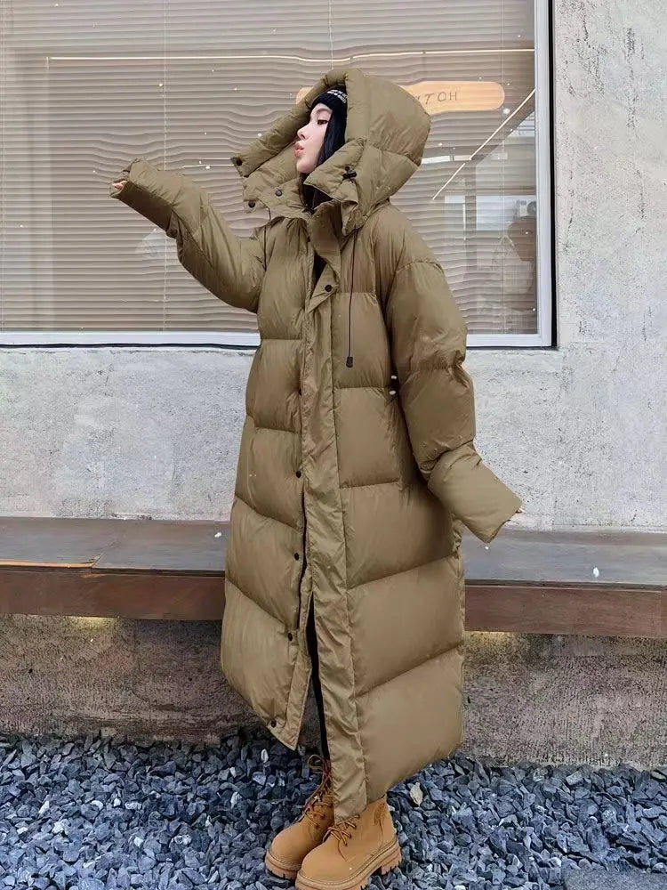 Street Wave Long Oversized Puffer Jacket For Women With Hood Plus Size Warm Coat