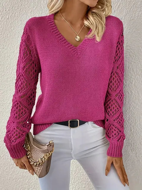 Streetwave V Neck Knit Sweater With Lace Sleeve Detailing For Women All Season Cozy