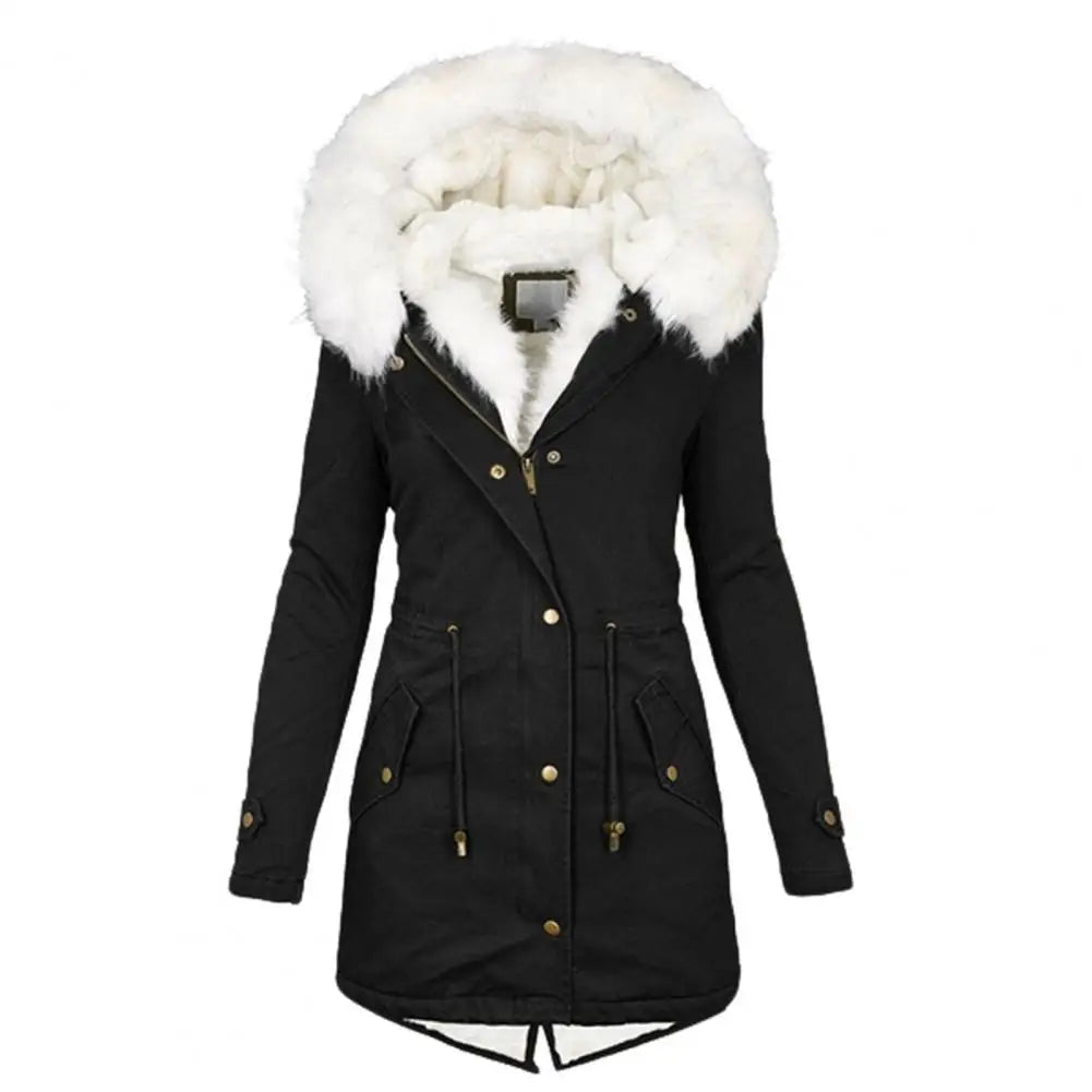 Street-Wave Long Parka Coat With Faux Fur Hood Warm Padded Winter Coat For Women