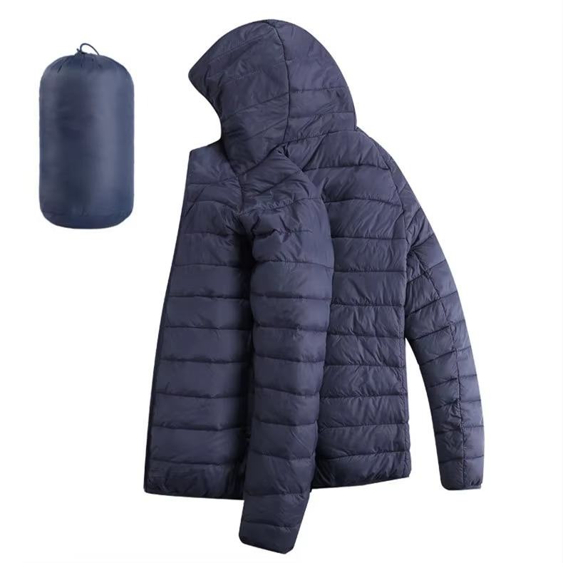 Men's Lightweight Hooded Cotton Down Jacket With Zip Pockets Casual Winter Parka