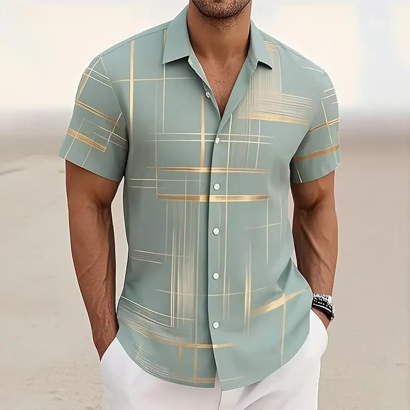 Street-Wave Men's 3D Geometric Plaid Short Sleeve Button Down Shirt For Modern Casual Style
