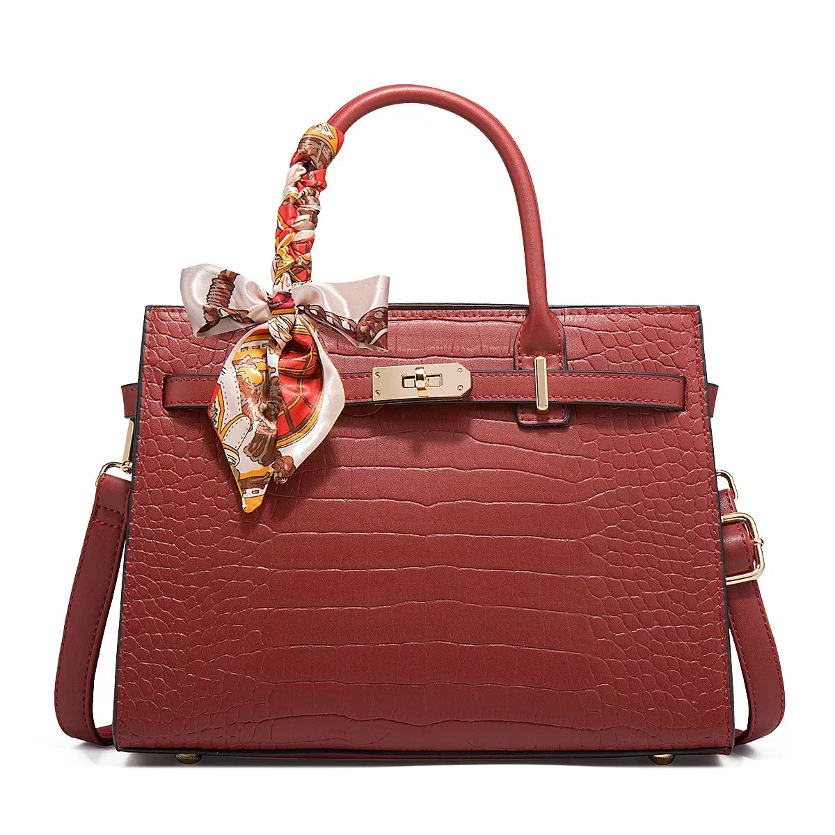 Street-Wave Guiliana Davoli Croc Bag Vegan Leather Midi Structured Handbag with Scarf Accent and Gold Buckle