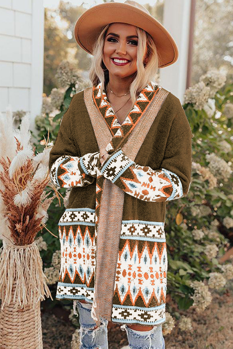 Street-wave Cardigan Midi Length Cozy Knit With Aztec Pattern For Women Warm And Stylish