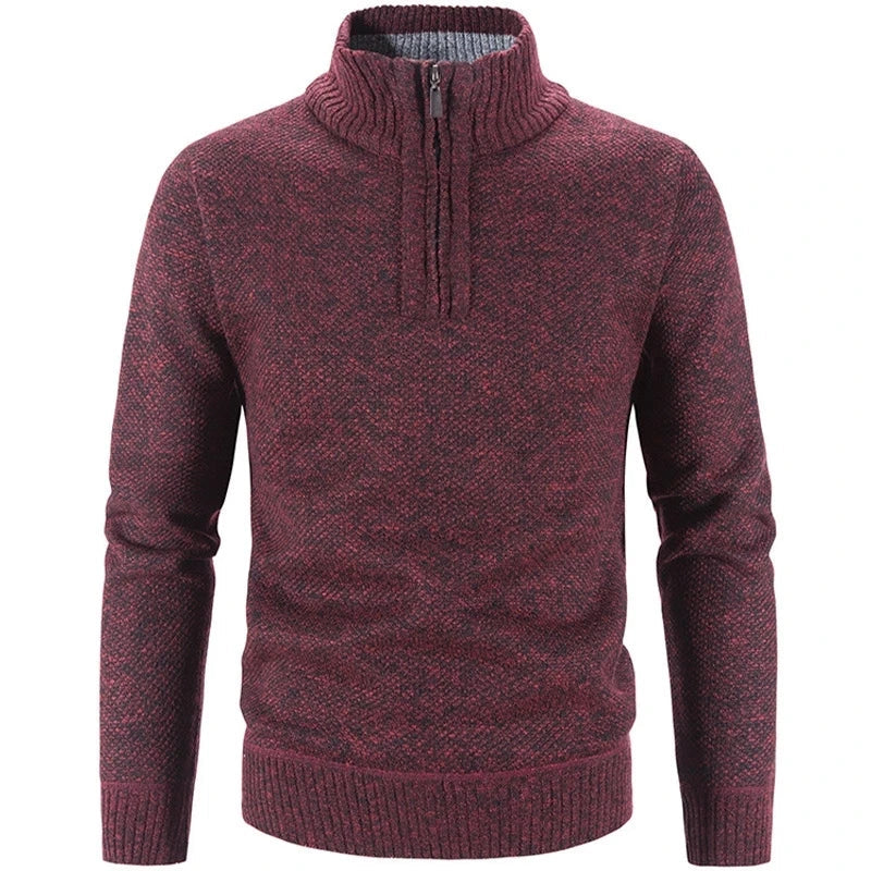 Mens Knit Sweater With Structured Knit Quarter Zip High Collar And Ribbed Edge Detailing