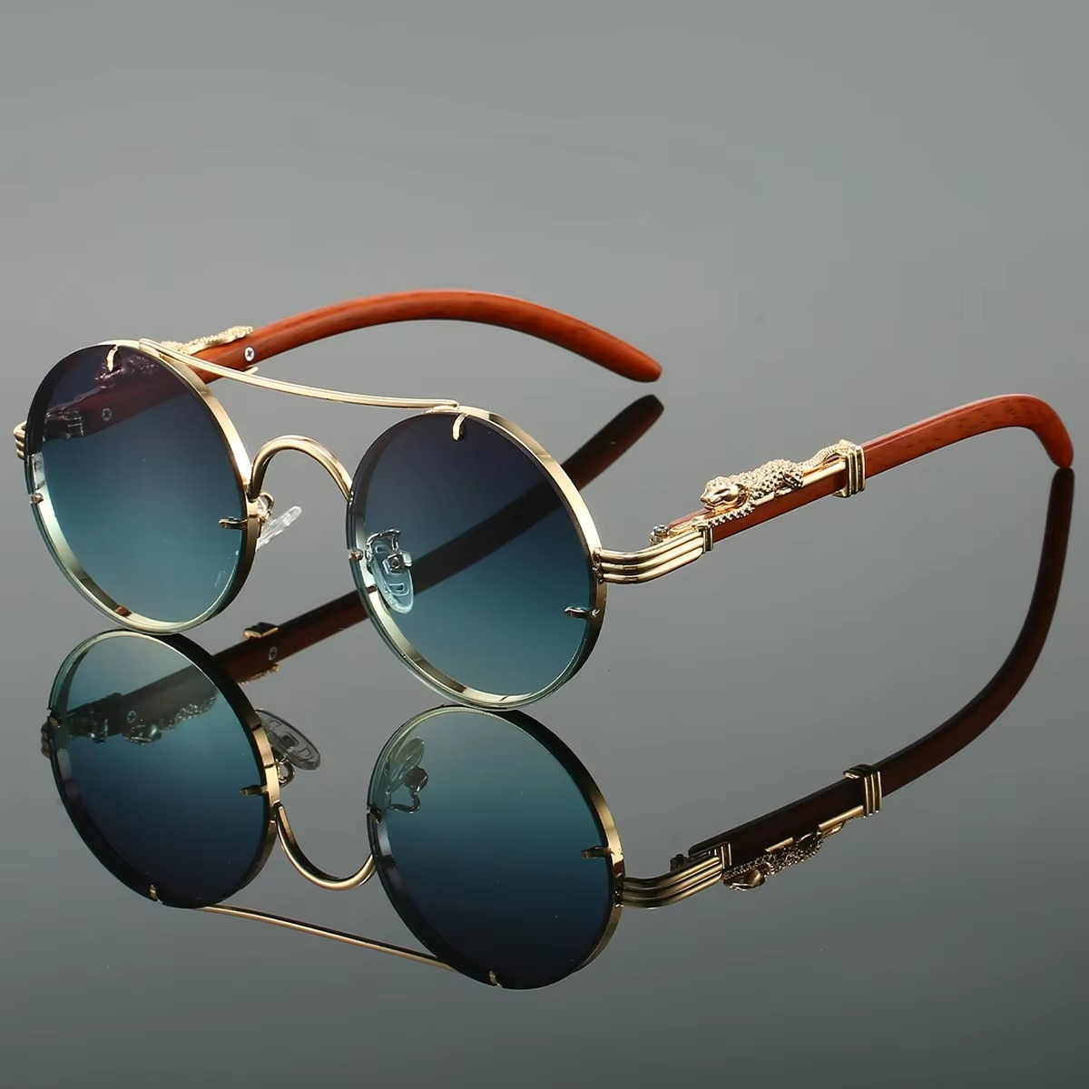 Vintage Round Sunglasses With Double Bridge Unisex Gold Tone Frame Red Tinted Lenses By Street-Wave
