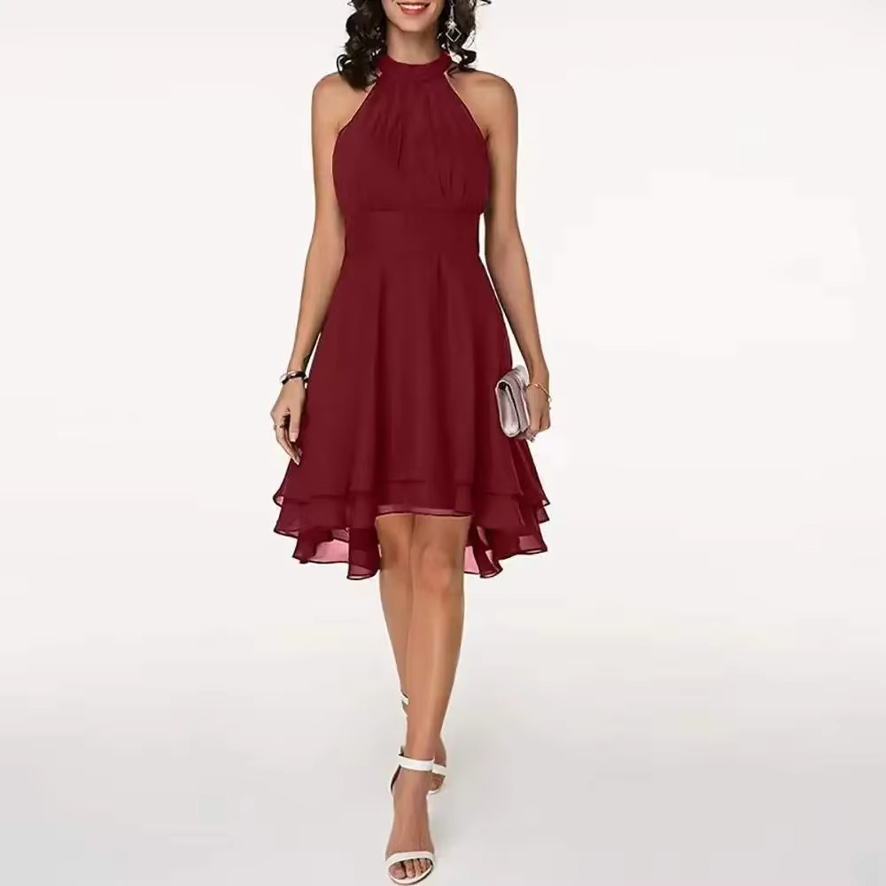 Elegant Sleeveless Halter Neck Ruffle Hem Summer Dress for Women