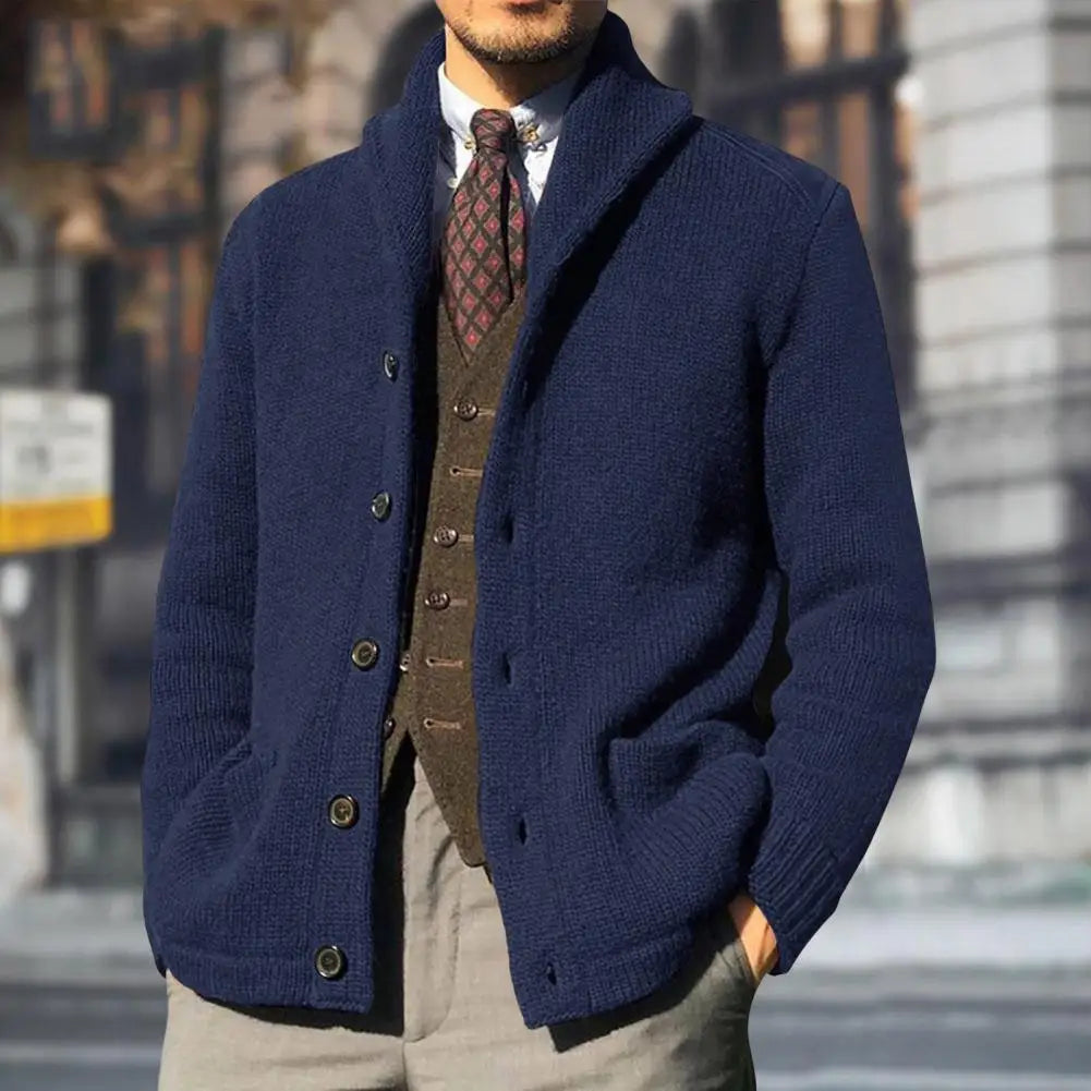 Men's Knit Cardigan With Shawl Collar Button Closure And Pockets For Classic Comfort