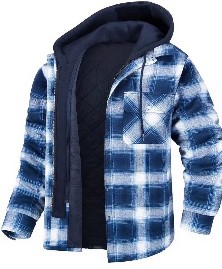 Mens Winter Thick Hooded Plaid Jacket Warm Insulated Casual Trendy Outerwear Street-Wave
