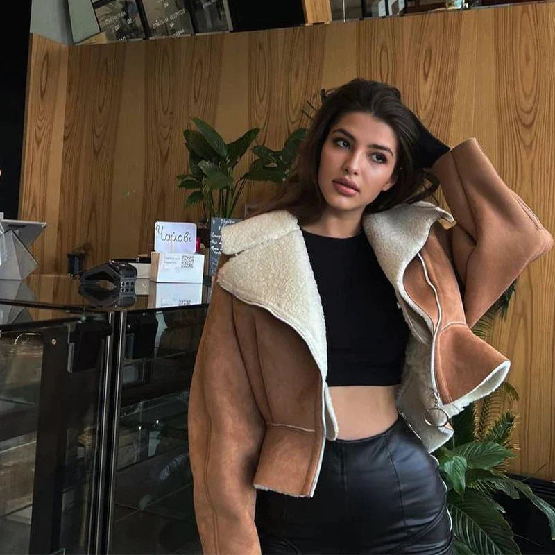 Street-Wave Fleece Jacket Cropped Fit With Shearling Collar Patchwork Design Women's Winter Warmth