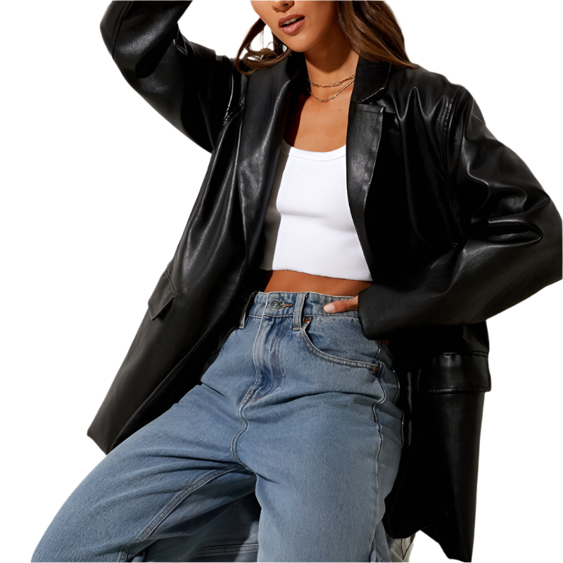 Street Wave PU Leather Blazer For Women With Button Closure Modern Streetwear Edge