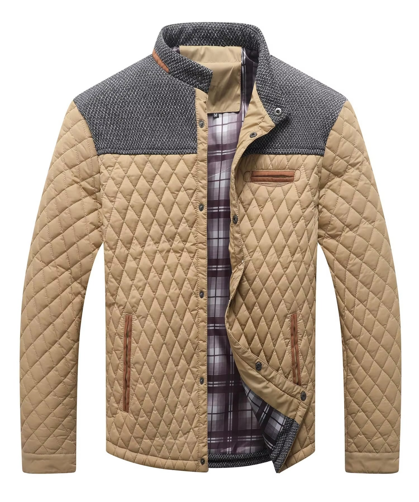 Street-Wave Men's Diamond Quilted Lightweight Bomber Jacket Overshirt With Contrast Grey Yoke And Pockets