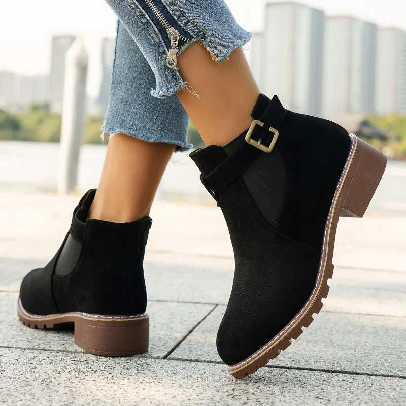 Street-Wave Black Suede Platform Ankle Boots For Women Round Toe All-Season Style