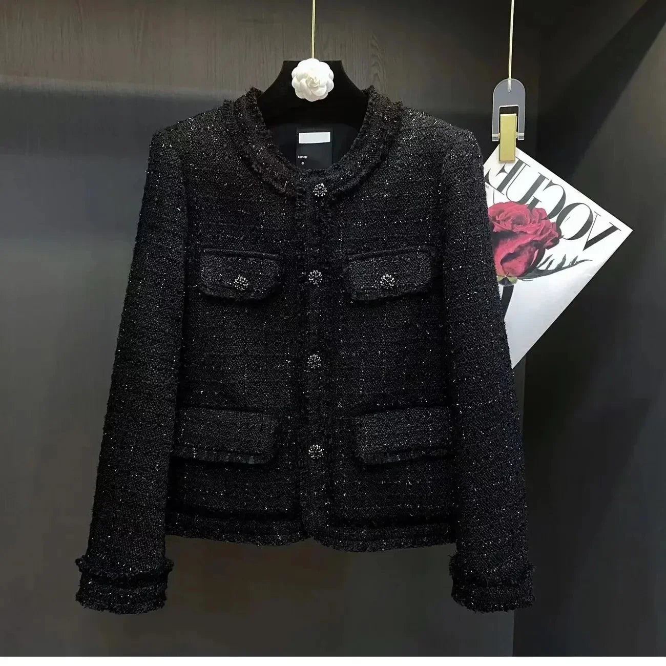 Street-wave Black Sequin Tweed Blazer For Women Luxe Winter Jacket With Elegant Detailing And Timeless Fit
