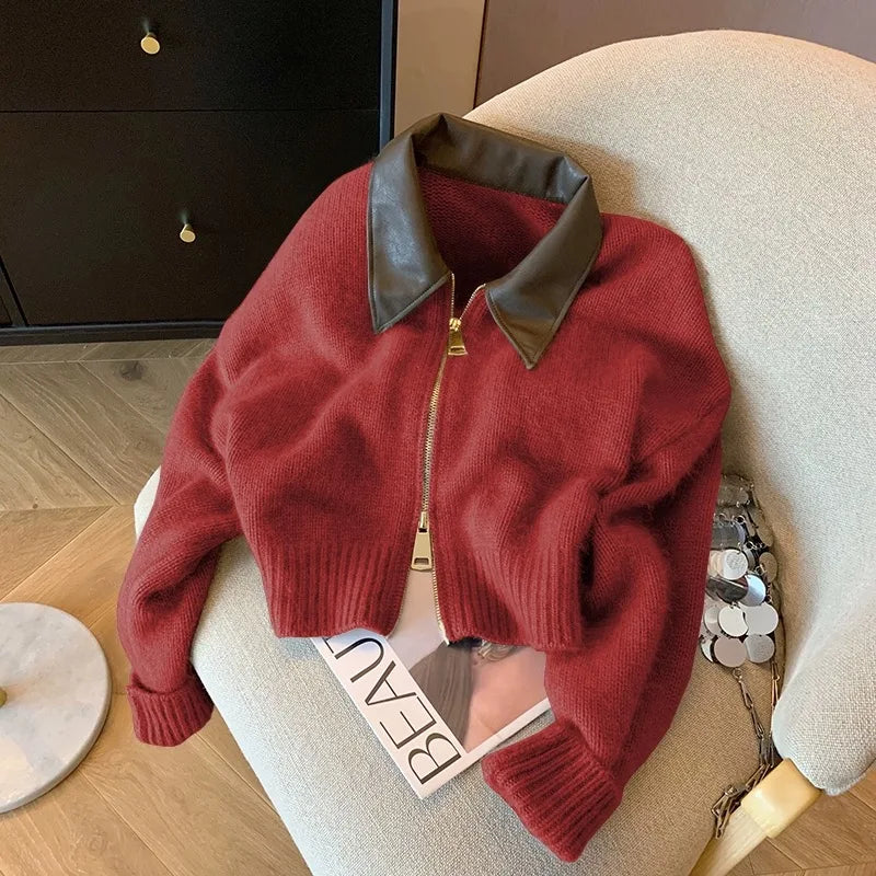 Street-wave Elegant Knit Winter Sweater With Faux Leather Collar For Women Cozy Chic