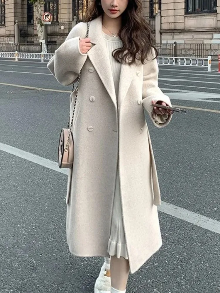 Street Wave Wool Blend Long Coat For Women Loose Fit Double Breasted With Belt Timeless City Style