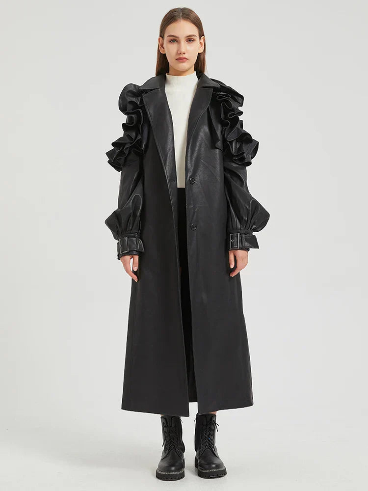 Street Wave Faux Leather Coat With Dramatic Ruffle Sleeves Belted Waist For Bold Women