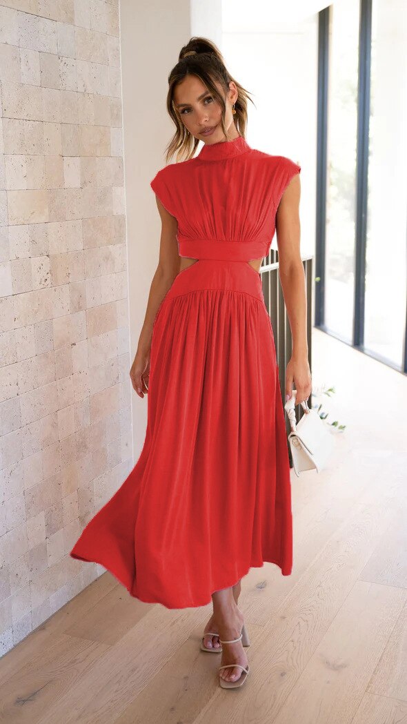 Streetwave Green Pleated Cutout Maxi Dress For Women With Elegant High Neck And Flowing Skirt