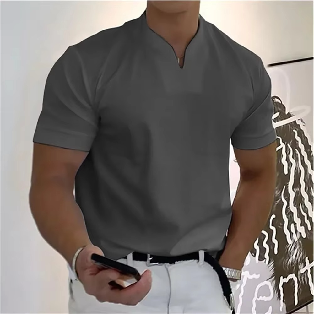 Men's Summer V Neck Short Sleeve T Shirt Elastic Cotton Athletic And Casual Fit Breathable