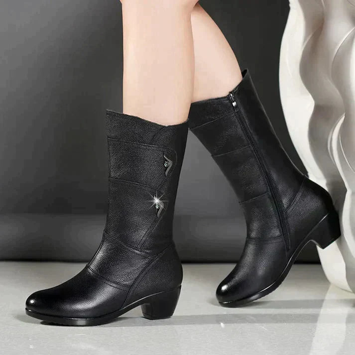 Street-Wave Black Winter Boots With Block Heel Fur Lining For Women Cozy Chic Everyday
