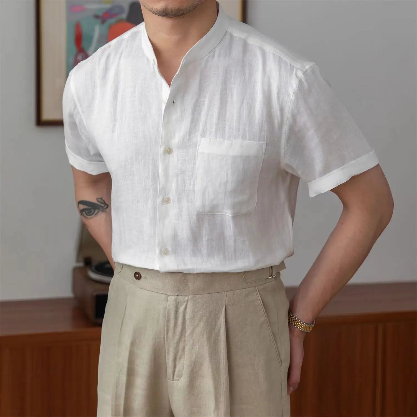 Street-Wave Mens Linen Shirt Mandarin Collar Relaxed Fit Long Sleeve