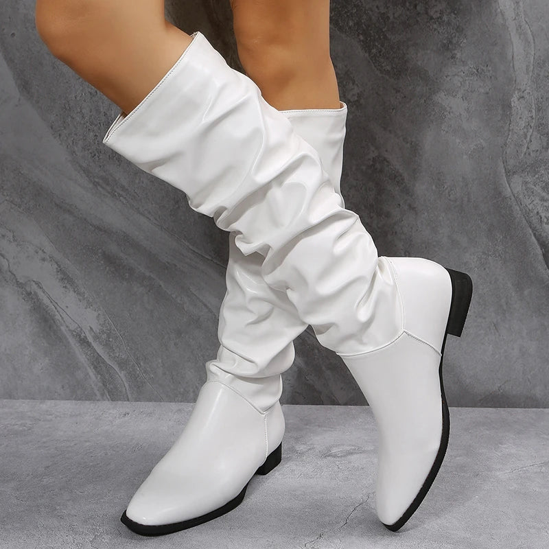 Street-wave Knee High PU Leather Punk Boots With Folded Pleats For Bold Edgy Women