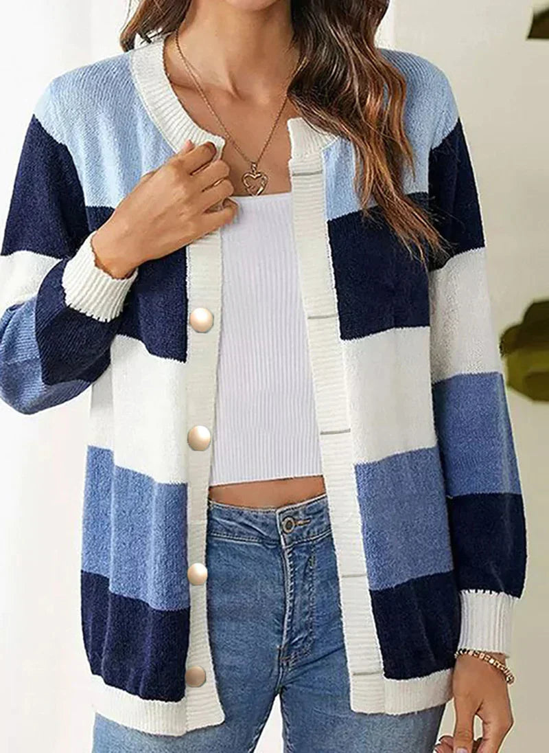 Street-wave Multicolor Striped Cardigan For Women With Pearl Buttons, Cozy Knit Layer