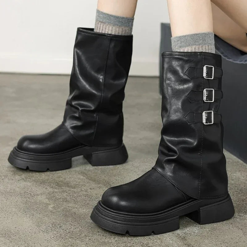 Streetwave Womens Chunky Heel Biker Boots With Straps For Everyday Style Durable Comfort