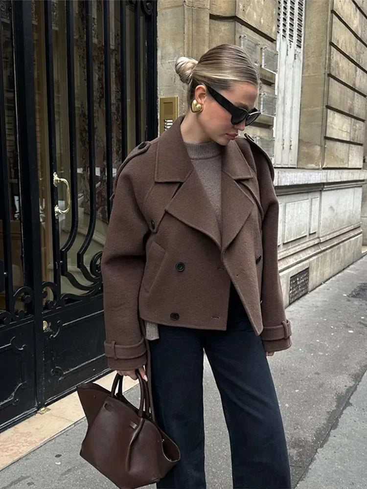 Street-wave Wool Peacoat Double Breasted Short Coat Tailored Fit For Modern Women Chic And Timeless