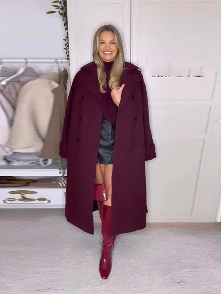 Street-Wave Burgundy Polyester Long Coat For Women With Double Button Closure For Elegant Everyday Wear