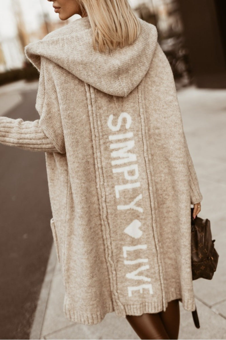 Street-wave Hooded Cardigan for Women Cozy Long Knit Soft Acrylic with Pockets and Elegant Texture