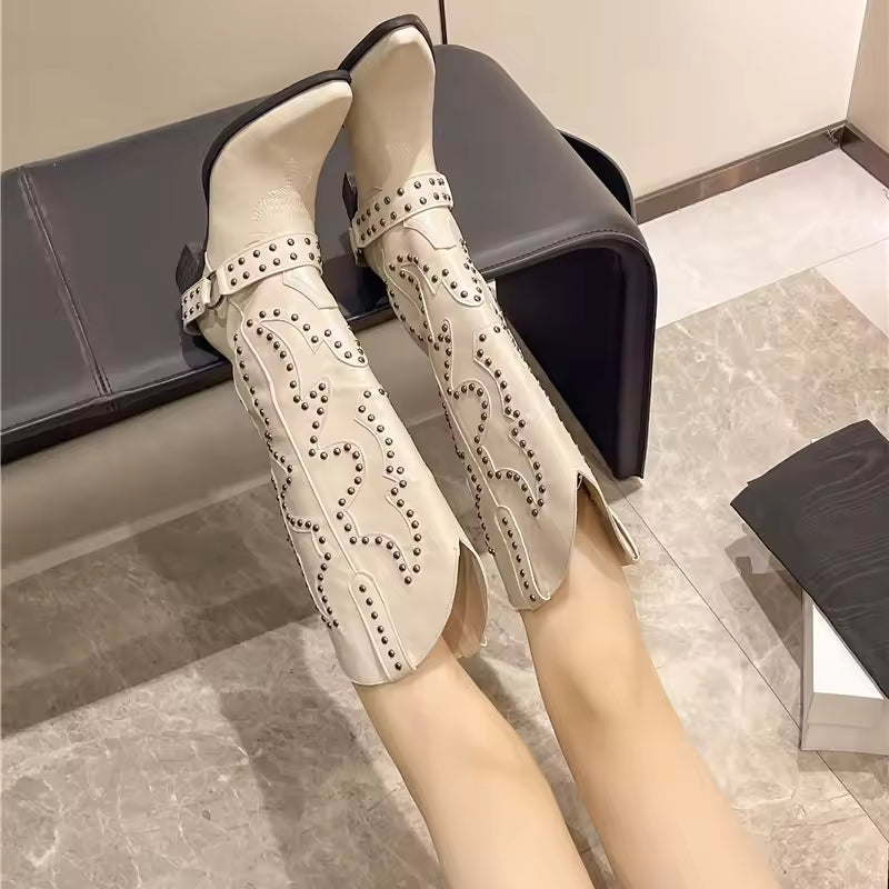 Street-Wave Leather Knee-High Boots With Studded Embellishments For Fashion-Forward Women