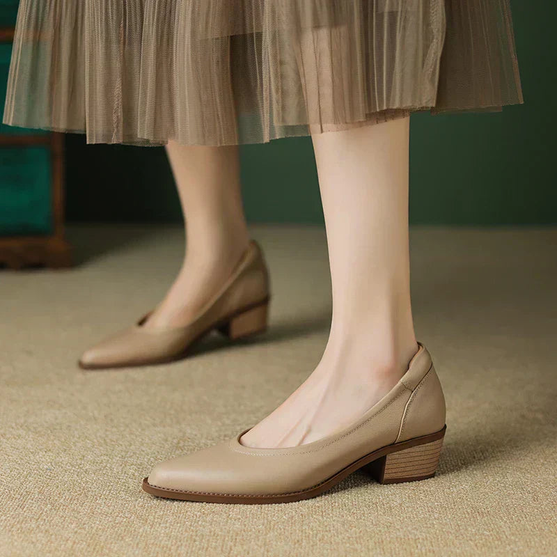 Women's Slip-On Block Heel Pumps with Pointed Toe and Mid Heel
