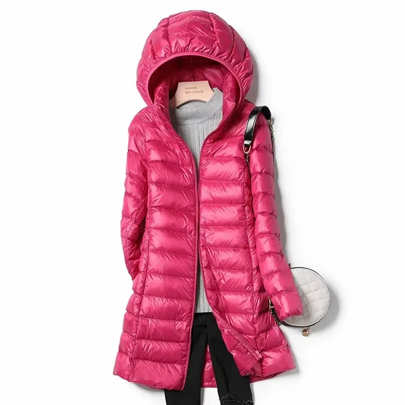 Women’s Lightweight Long Hooded Down Parka – Slim Fit, Warm, and Stylish