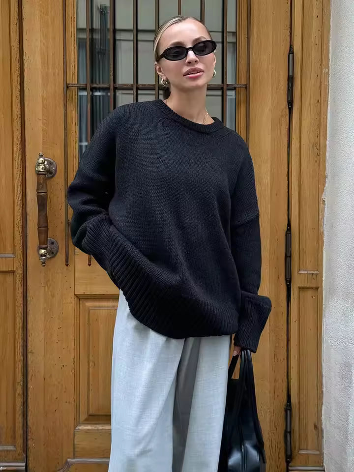 Street-wave Oversized Knit Sweater For Women With Crew Neck Cozy Comfort And Modern Chic