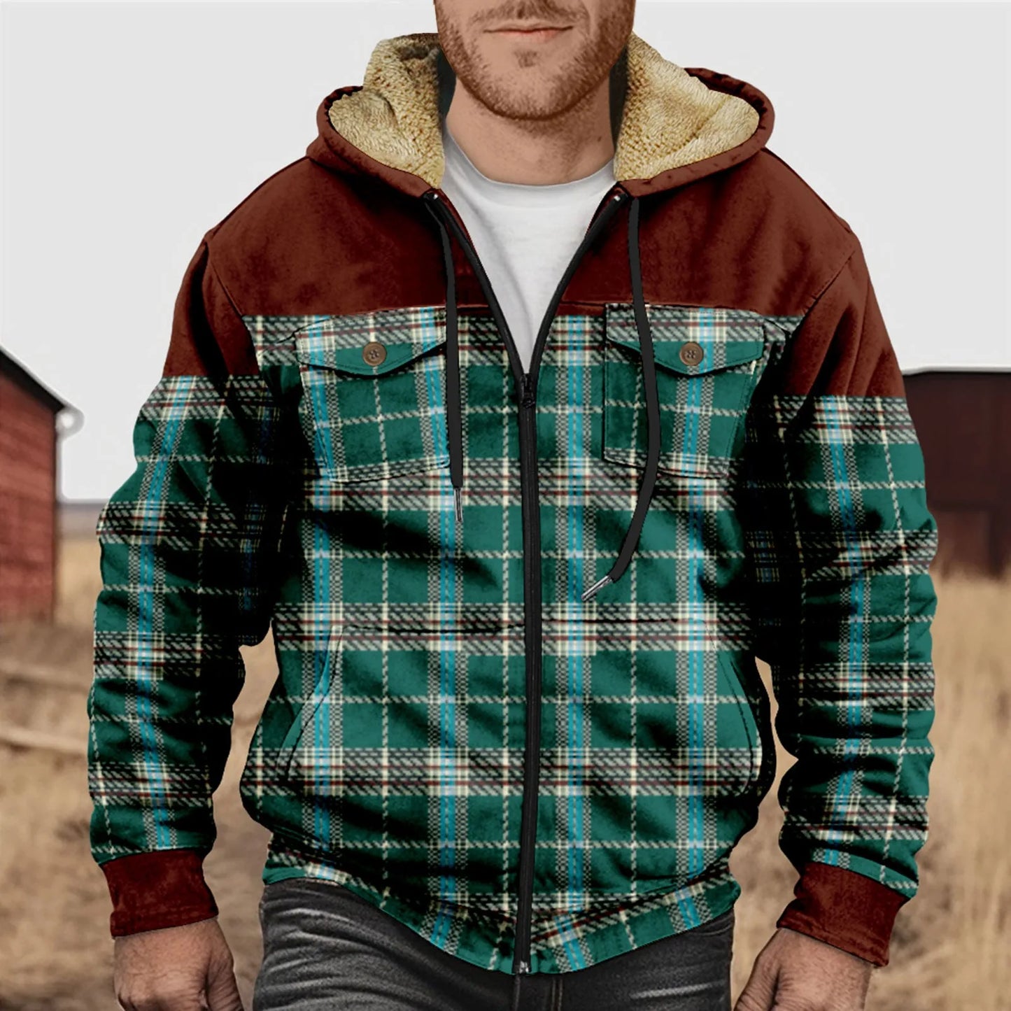 Street-Wave Men's Fleece-Lined Plaid Flannel Hooded Shirt With Zip Front For Cold Weather