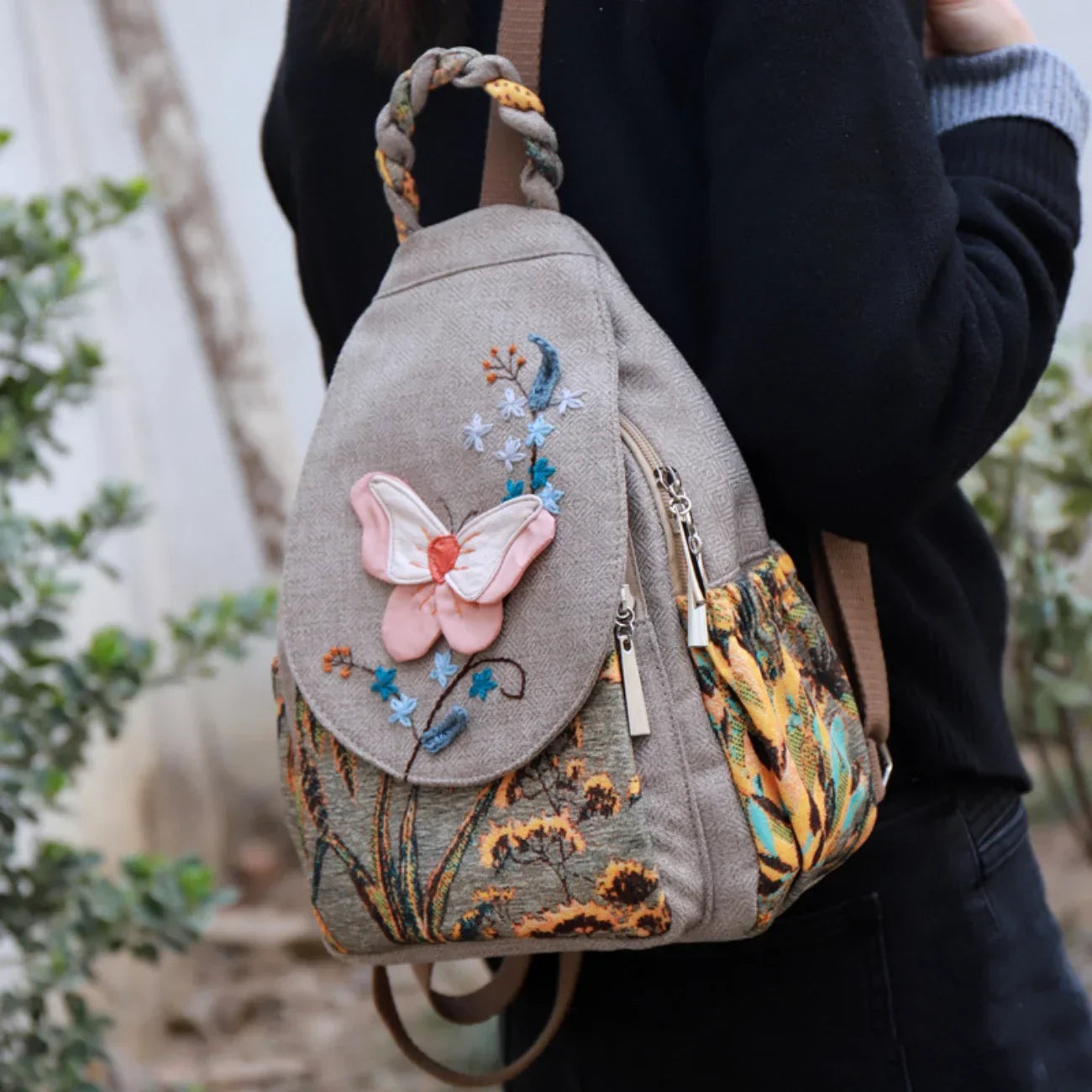 Street-Wave Mariposa Petal Handwoven Bag With Embroidered Butterfly And Multi Pocket Storage