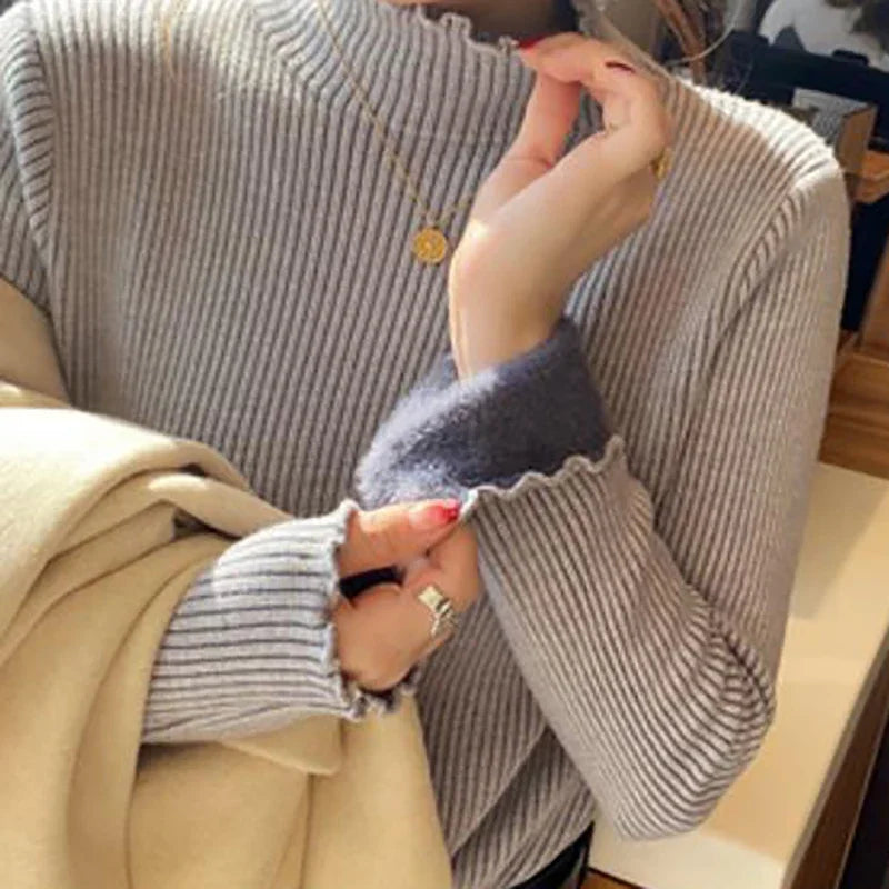 Street Wave Tarra Stand Collar Pullover For Women Cozy Chic Knit With Ruffle Hem