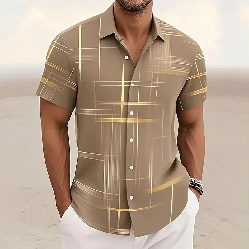 Street-Wave Men's 3D Geometric Plaid Short Sleeve Button Down Shirt For Modern Casual Style