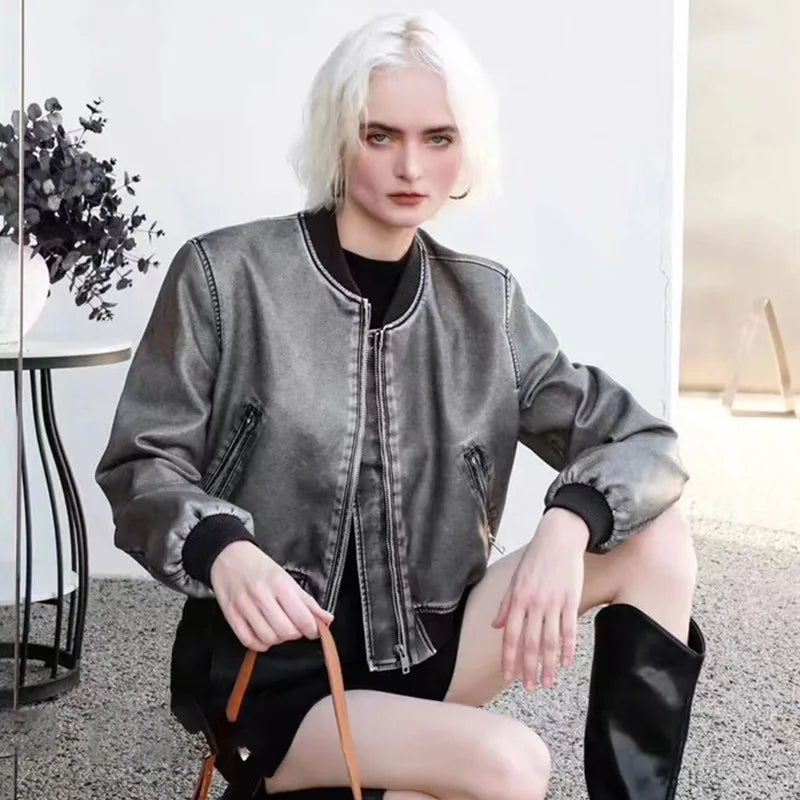 Avelena Faux Leather Bomber Jacket For Women With Ribbed Sleeves And Urban Edge Style