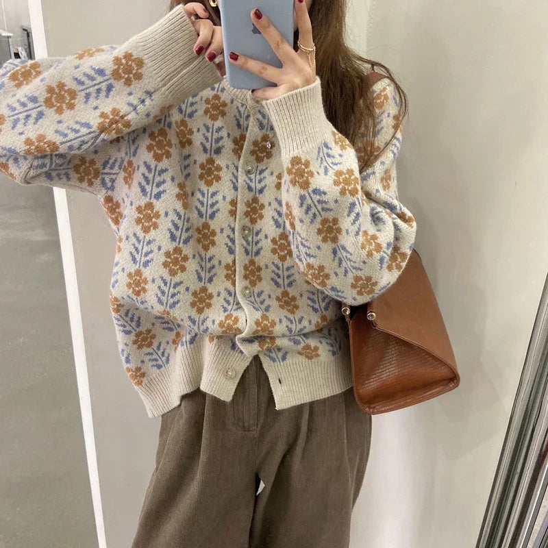 Street Wave Floral Wishes Cardigan For Women Cozy Acrylic Knit With Elegant Flower Pattern