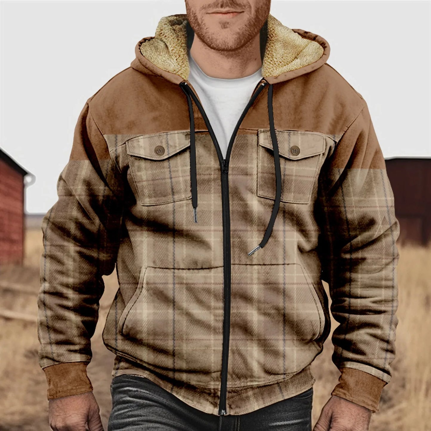 Street-Wave Men's Fleece-Lined Plaid Flannel Hooded Shirt With Zip Front For Cold Weather